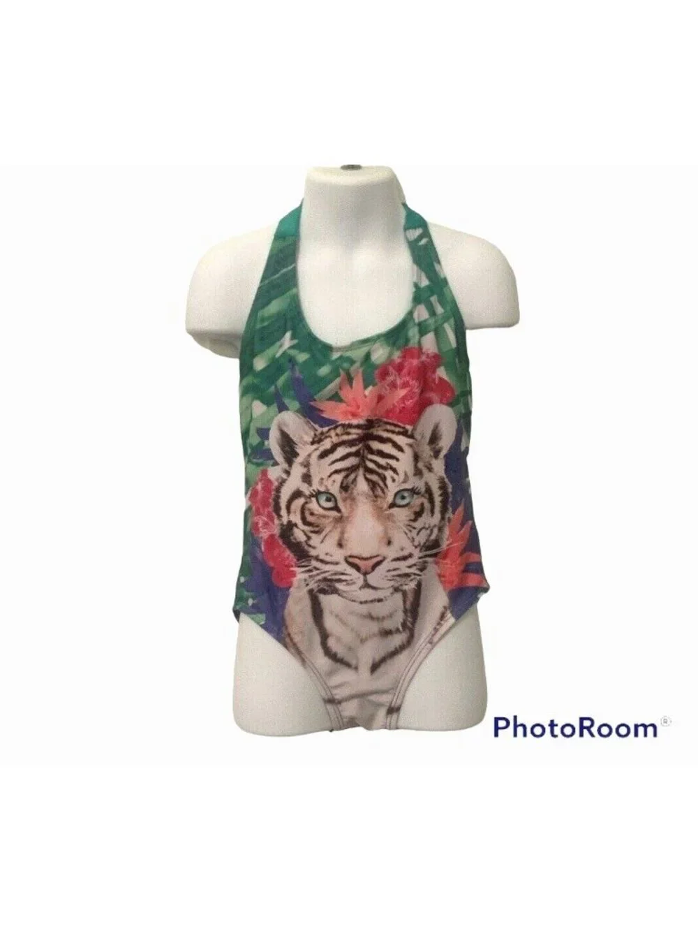 Gymboree Girls One Piece Halter Swimsuit Size S 5-6 Floral Kitten Face